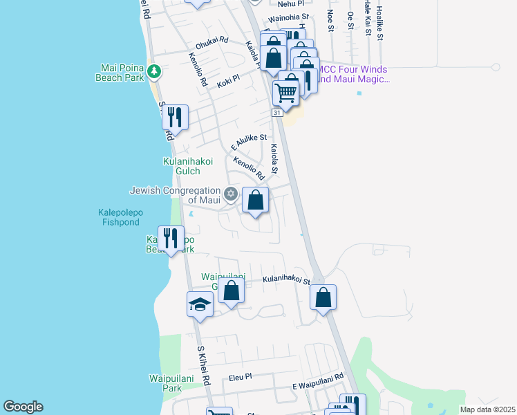 map of restaurants, bars, coffee shops, grocery stores, and more near 156 Hoopili Akau Street in Kihei