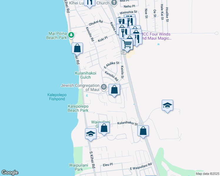 map of restaurants, bars, coffee shops, grocery stores, and more near 623 Kaiola Street in Kihei