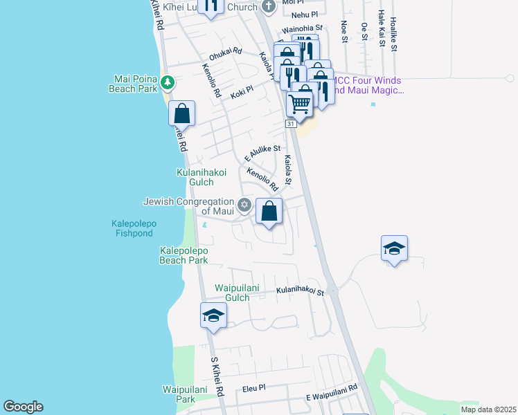 map of restaurants, bars, coffee shops, grocery stores, and more near 623 Kaiola Street in Kihei