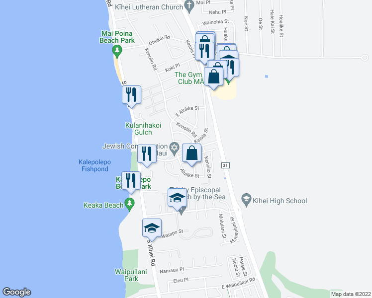 map of restaurants, bars, coffee shops, grocery stores, and more near 621 Kaiola Street in Kihei