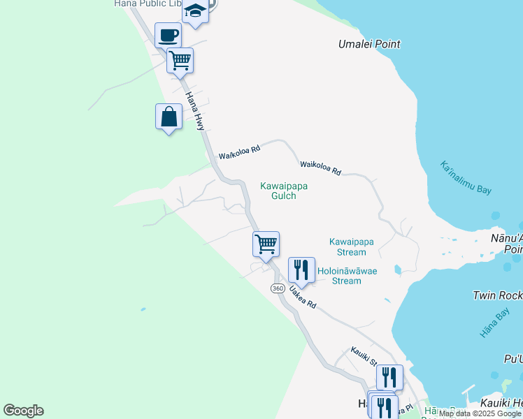 map of restaurants, bars, coffee shops, grocery stores, and more near 4455 Hana Highway in Hana