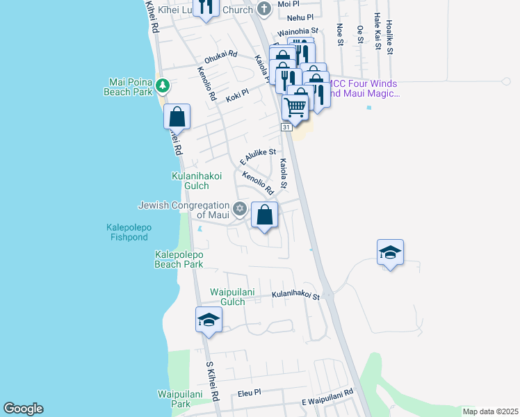 map of restaurants, bars, coffee shops, grocery stores, and more near 617 Kaiola Street in Kihei