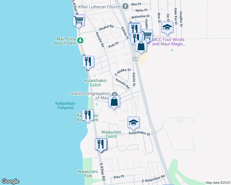 map of restaurants, bars, coffee shops, grocery stores, and more near 105 Pulama Place in Kihei