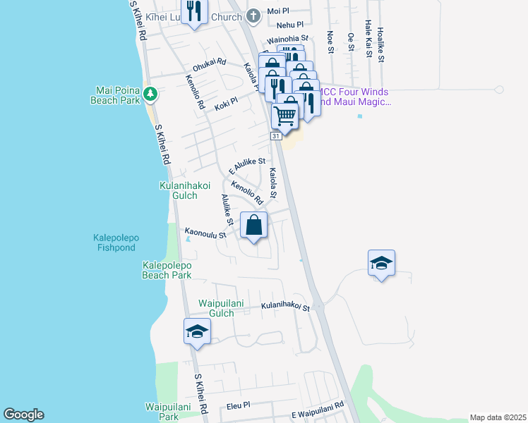 map of restaurants, bars, coffee shops, grocery stores, and more near 603 Kaiola Street in Kihei