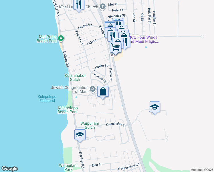 map of restaurants, bars, coffee shops, grocery stores, and more near 603 Kaiola Street in Kihei
