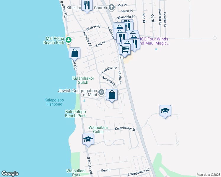 map of restaurants, bars, coffee shops, grocery stores, and more near 612 Kaiola Street in Kihei