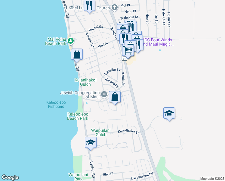map of restaurants, bars, coffee shops, grocery stores, and more near 612 Kaiola Street in Kihei