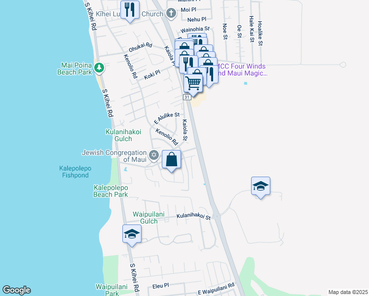 map of restaurants, bars, coffee shops, grocery stores, and more near 597 Kaiola Street in Kihei