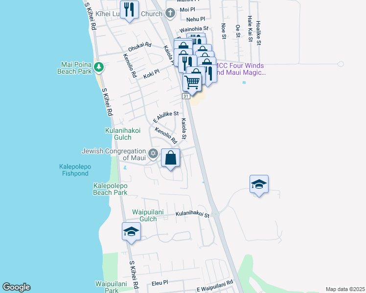 map of restaurants, bars, coffee shops, grocery stores, and more near 597 Kaiola Street in Kihei