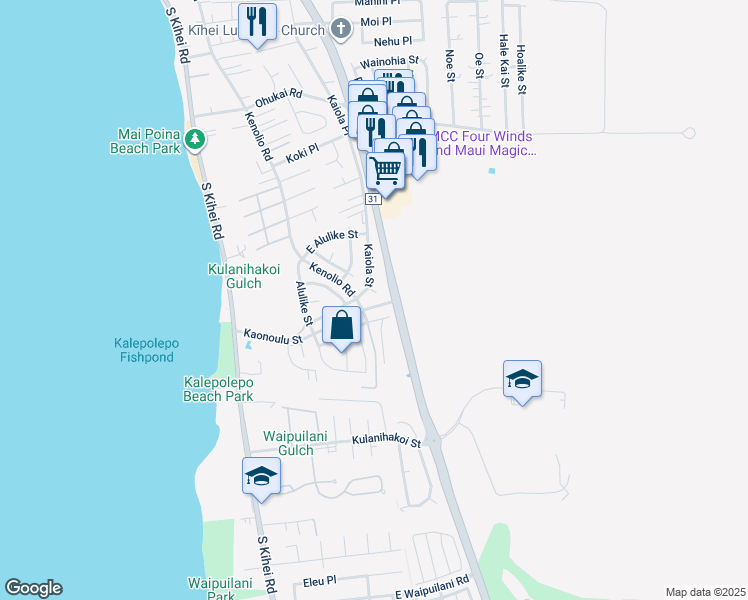 map of restaurants, bars, coffee shops, grocery stores, and more near 614 Kuu Home Place in Kihei