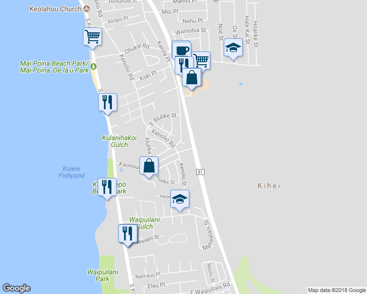 map of restaurants, bars, coffee shops, grocery stores, and more near 614 Kuu Home Place in Kihei