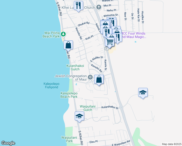 map of restaurants, bars, coffee shops, grocery stores, and more near 105 Pulama Pl in Kihei