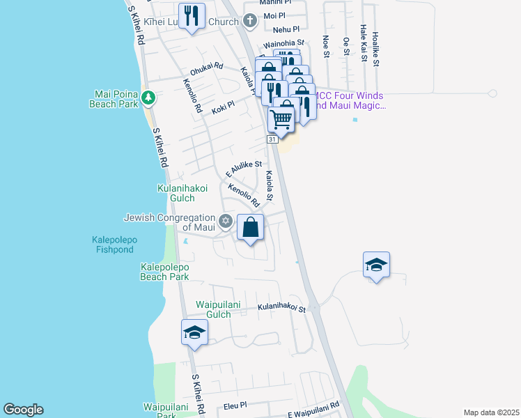 map of restaurants, bars, coffee shops, grocery stores, and more near Kaiola Street in Kihei