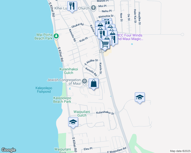 map of restaurants, bars, coffee shops, grocery stores, and more near 602 Kaiola Street in Kihei