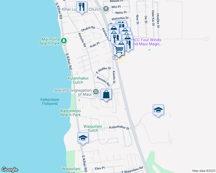 map of restaurants, bars, coffee shops, grocery stores, and more near 602 Kaiola Street in Kihei