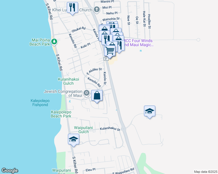 map of restaurants, bars, coffee shops, grocery stores, and more near 620 Kuu Home Place in Kihei