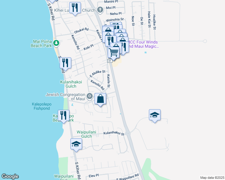 map of restaurants, bars, coffee shops, grocery stores, and more near 620 Kuu Home Place in Kihei