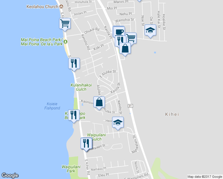 map of restaurants, bars, coffee shops, grocery stores, and more near 155 Makalauna Street in Kihei