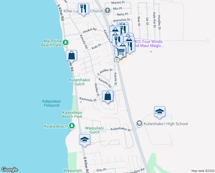 map of restaurants, bars, coffee shops, grocery stores, and more near 155 Makalauna Street in Kihei