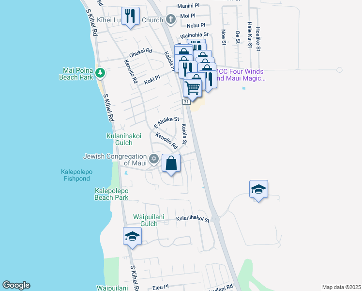 map of restaurants, bars, coffee shops, grocery stores, and more near 596 Kaiola Street in Kihei