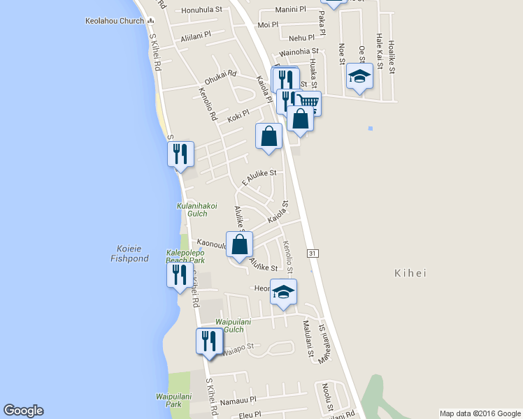 map of restaurants, bars, coffee shops, grocery stores, and more near 147 Makalauna Street in Kihei
