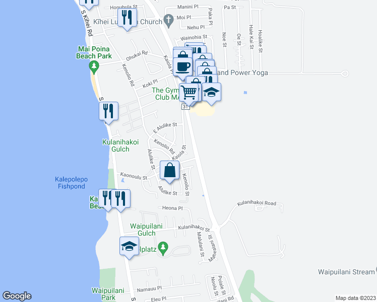 map of restaurants, bars, coffee shops, grocery stores, and more near 611 Kuu Home Place in Kihei