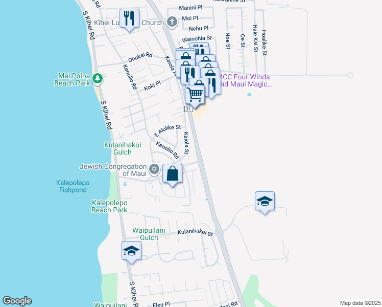 map of restaurants, bars, coffee shops, grocery stores, and more near 611 Kuu Home Place in Kihei