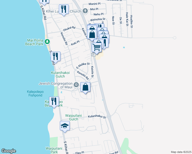 map of restaurants, bars, coffee shops, grocery stores, and more near 615 Kuu Home Place in Kihei