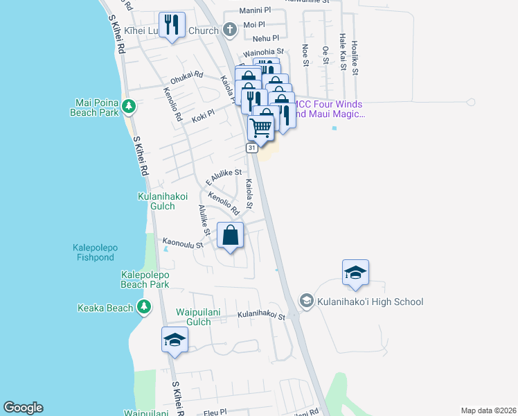 map of restaurants, bars, coffee shops, grocery stores, and more near 620 Kuu Home Place in Kihei