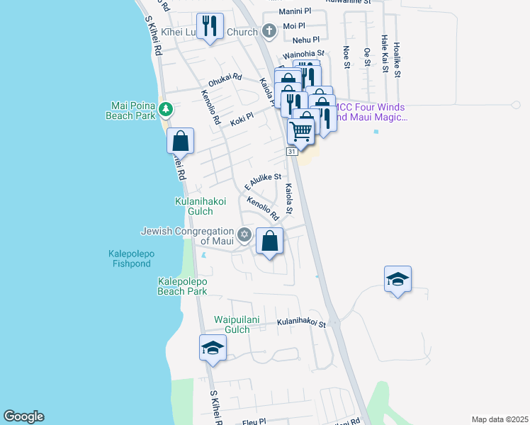 map of restaurants, bars, coffee shops, grocery stores, and more near 147 Makalauna Street in Kihei