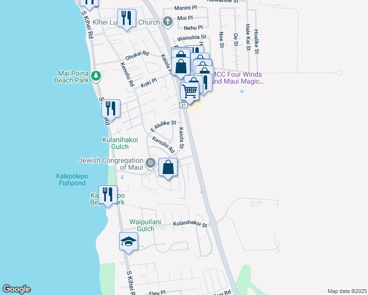 map of restaurants, bars, coffee shops, grocery stores, and more near 605 Kuu Home Place in Kihei