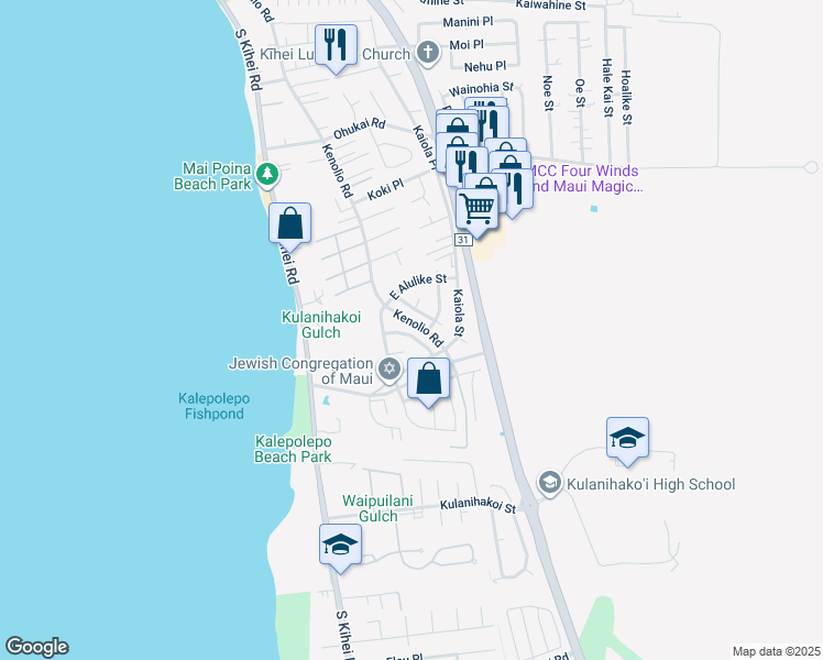 map of restaurants, bars, coffee shops, grocery stores, and more near 133 Makalauna Street in Kihei