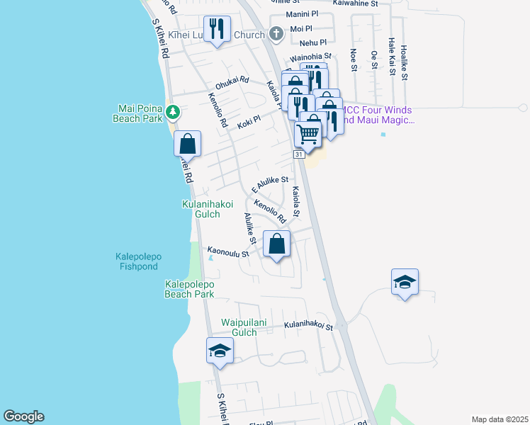 map of restaurants, bars, coffee shops, grocery stores, and more near 133 Makalauna Street in Kihei