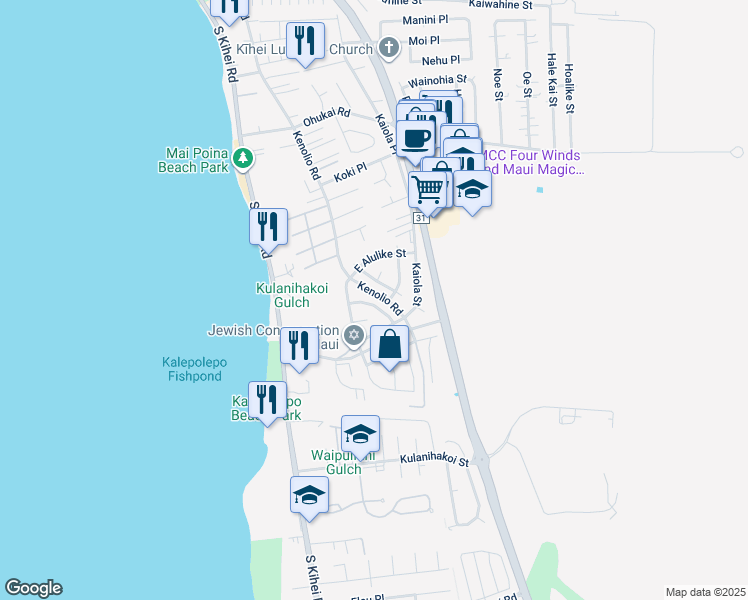 map of restaurants, bars, coffee shops, grocery stores, and more near 133 Makalauna Street in Kihei