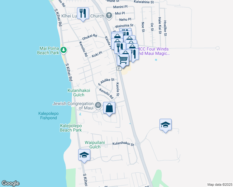 map of restaurants, bars, coffee shops, grocery stores, and more near 588 Kaiola Street in Kihei
