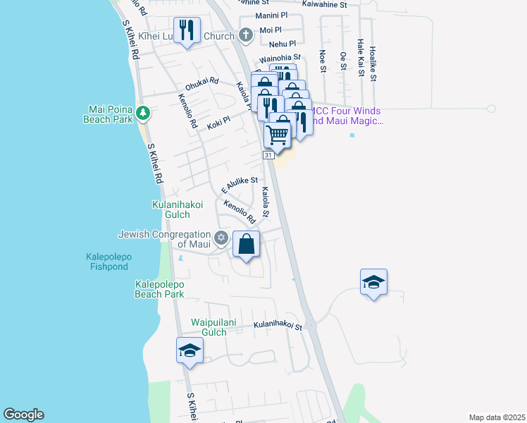 map of restaurants, bars, coffee shops, grocery stores, and more near 588 Kaiola Street in Kihei