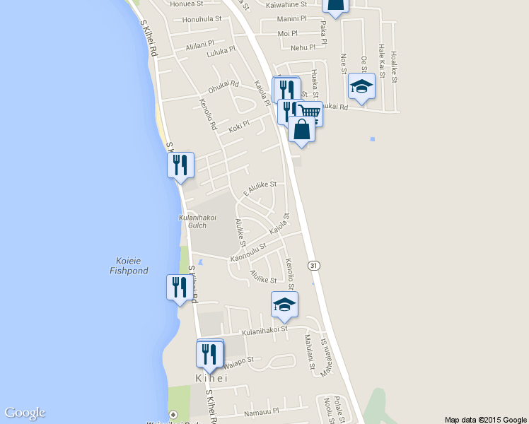 map of restaurants, bars, coffee shops, grocery stores, and more near 566 Papau Street in Kihei