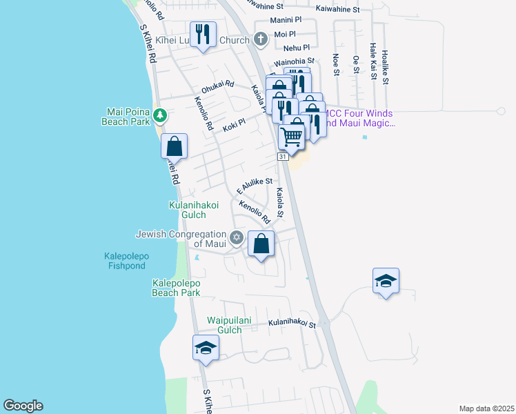 map of restaurants, bars, coffee shops, grocery stores, and more near 566 Papau Street in Kihei