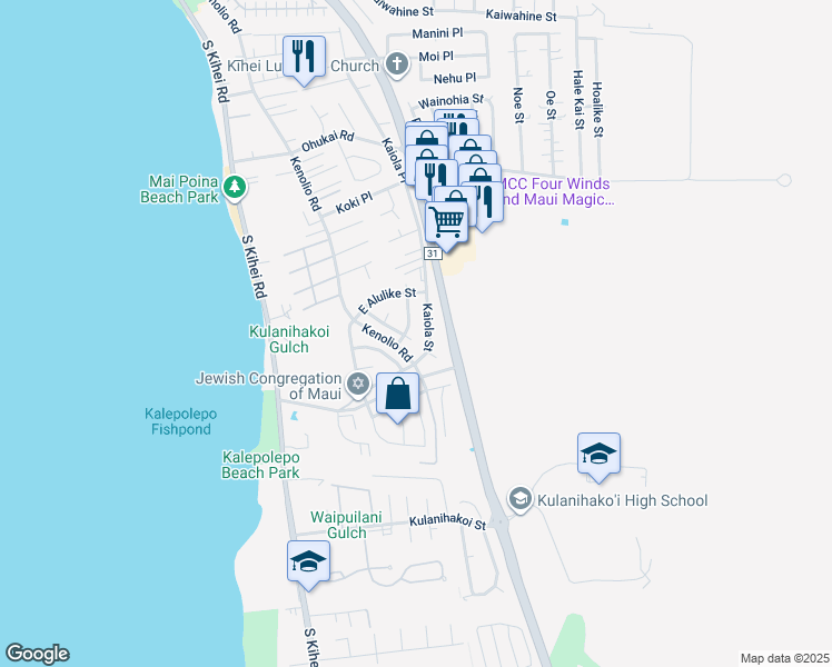 map of restaurants, bars, coffee shops, grocery stores, and more near 575 Papau Hikina Place in Kihei