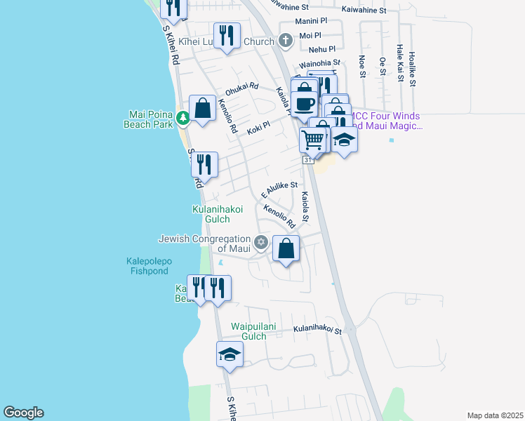 map of restaurants, bars, coffee shops, grocery stores, and more near 571 Alulike Street in Kihei