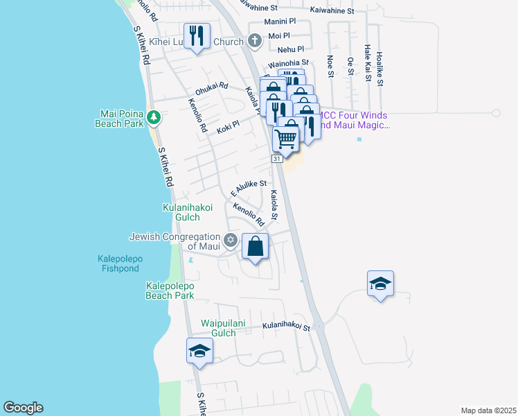 map of restaurants, bars, coffee shops, grocery stores, and more near 569 Papau Street in Kihei