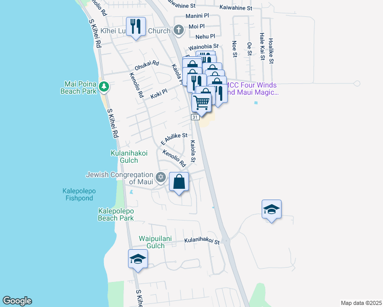 map of restaurants, bars, coffee shops, grocery stores, and more near 580 Kaiola Street in Kihei
