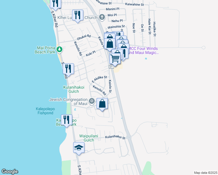 map of restaurants, bars, coffee shops, grocery stores, and more near 580 Kaiola Street in Kihei