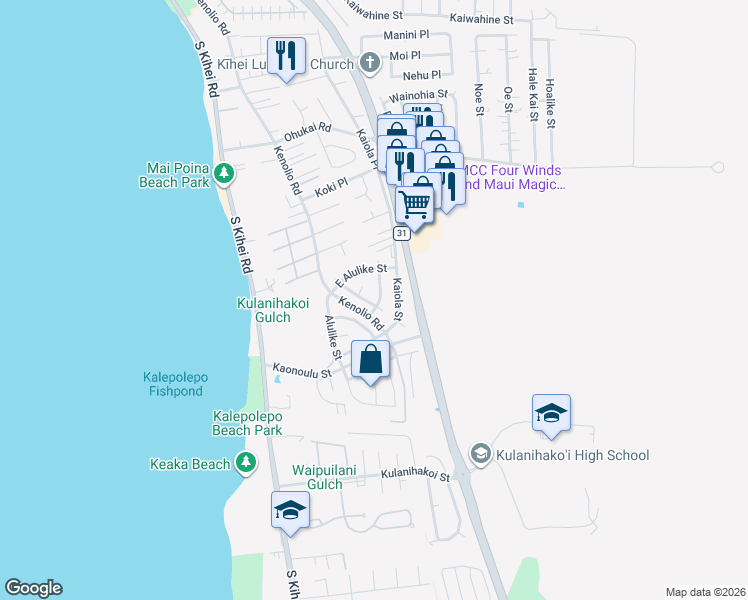 map of restaurants, bars, coffee shops, grocery stores, and more near 569 Papau Street in Kihei