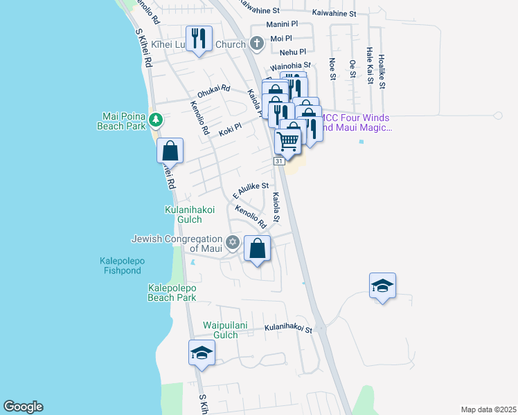 map of restaurants, bars, coffee shops, grocery stores, and more near 569 Papau Street in Kihei
