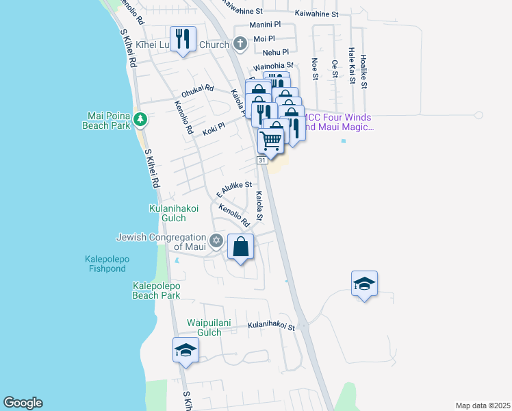 map of restaurants, bars, coffee shops, grocery stores, and more near 576 Kaiola Street in Kihei