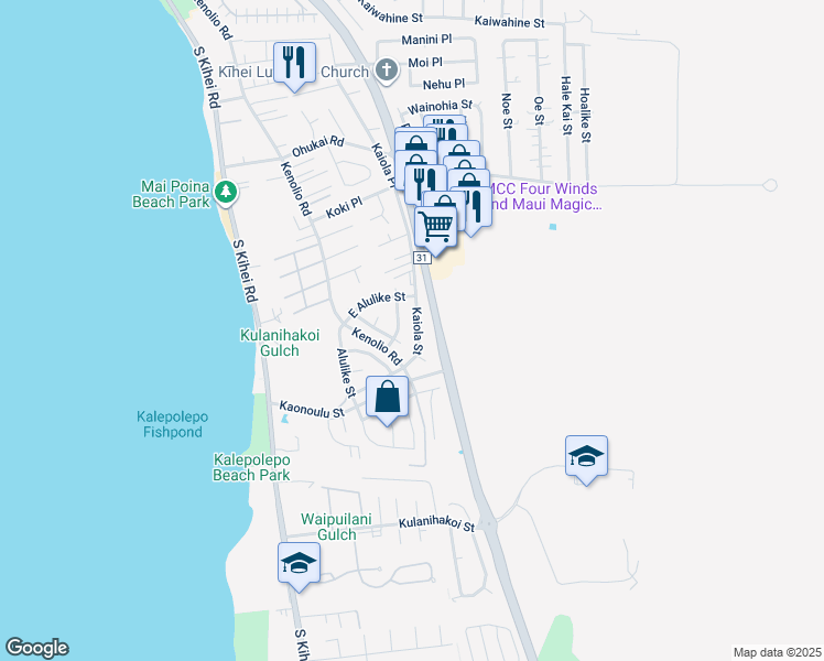 map of restaurants, bars, coffee shops, grocery stores, and more near 576 Kaiola Street in Kihei
