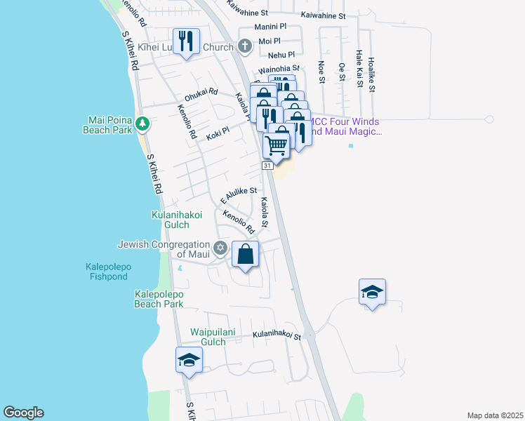 map of restaurants, bars, coffee shops, grocery stores, and more near 572 Kaiola Street in Kihei