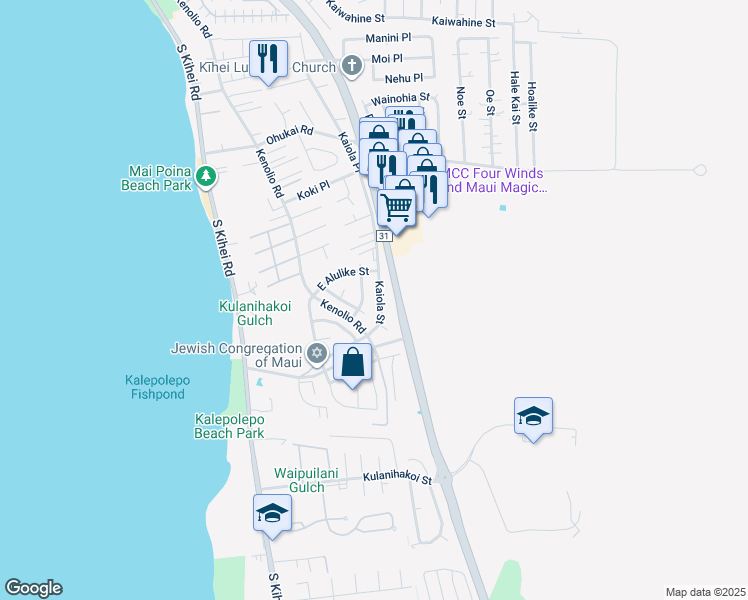 map of restaurants, bars, coffee shops, grocery stores, and more near 576 Kaiola Street in Kihei