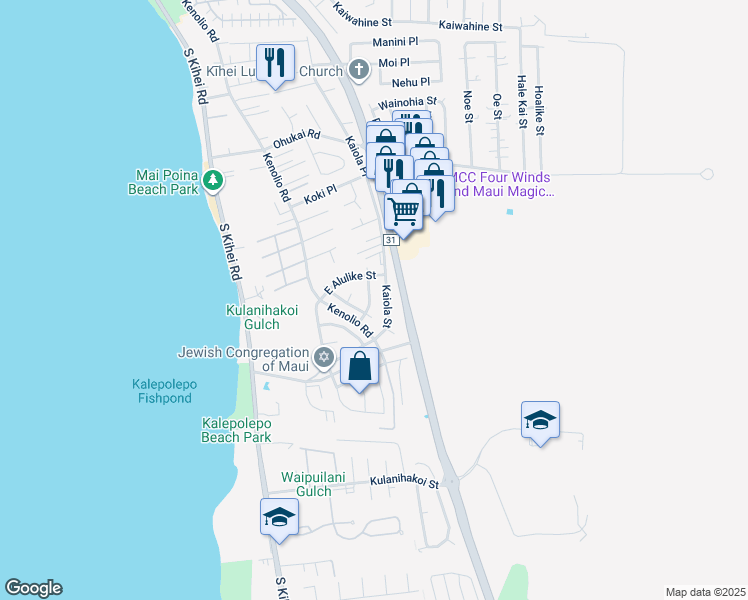 map of restaurants, bars, coffee shops, grocery stores, and more near 561 Halalai Street in Kihei